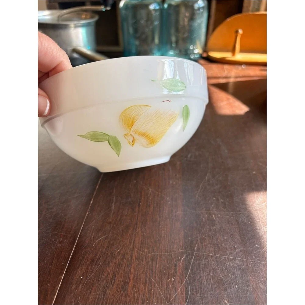 2 Vintage Fire-King milk glass bowls hand-painted fruit design